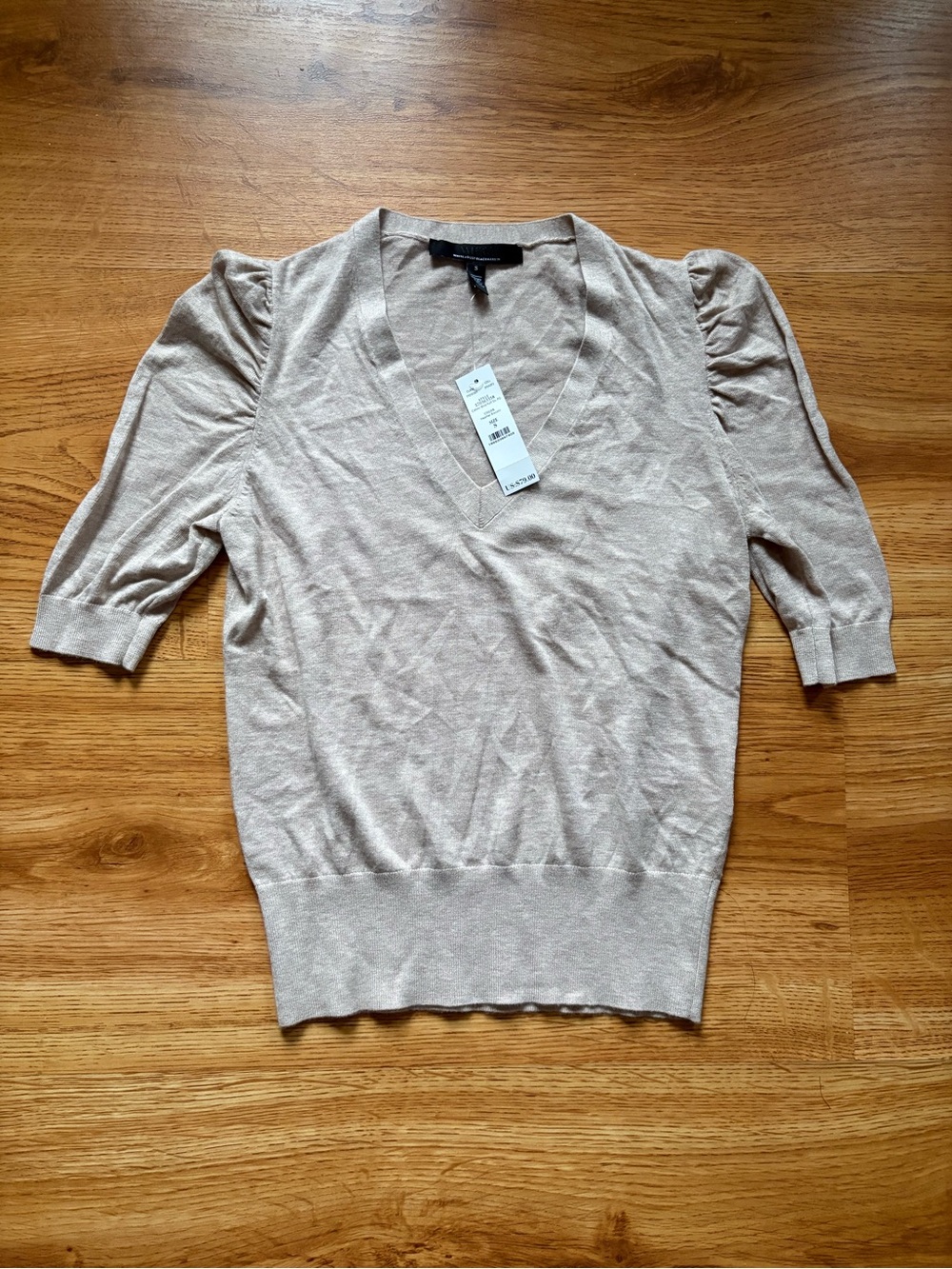 White House Black Market Cashmere Blend Beige V-Neck Puff Sleeve Sweater S NWT